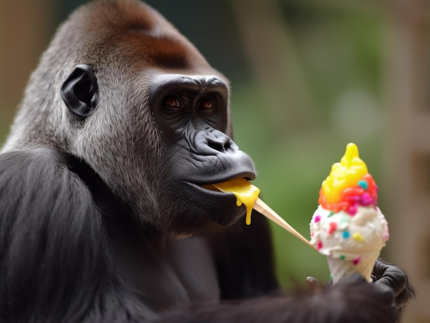 Um gorila comendo uma banana com uma cobertura da cor do arco-íris.