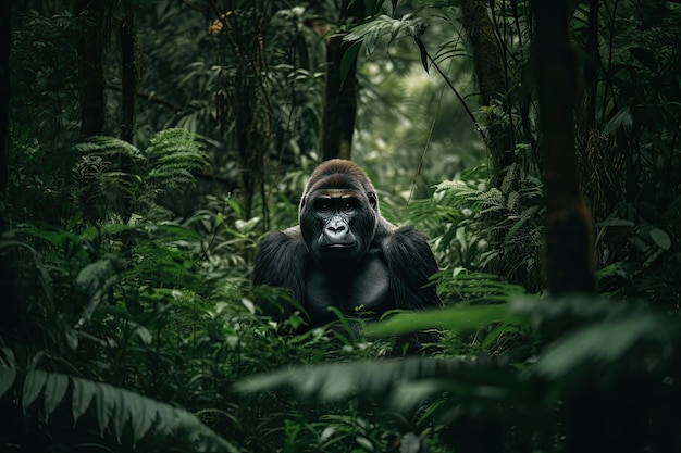 Um gorila de rio cruzado na selva com um fundo verde espécies criticamente ameaçadas de extinção