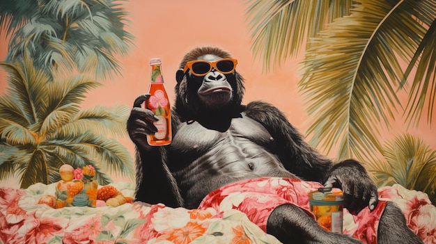 um gorila descontraído faz uma pausa na agitação da selva Usando um par de óculos de sol elegantes, este banhista reclina-se em uma toalha de praia vibrante Em uma mão, uma bebida tropical colorida