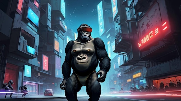 Um gorila experimentando a realidade virtual em frente a uma cidade futurista