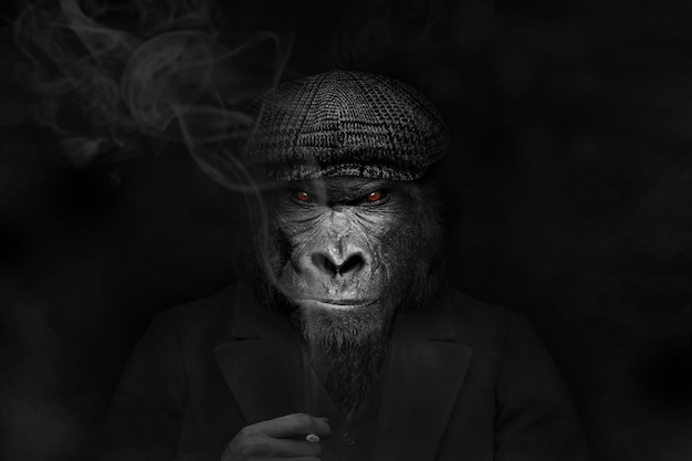 Um gorila fuma um cigarro em um quarto escuro.
