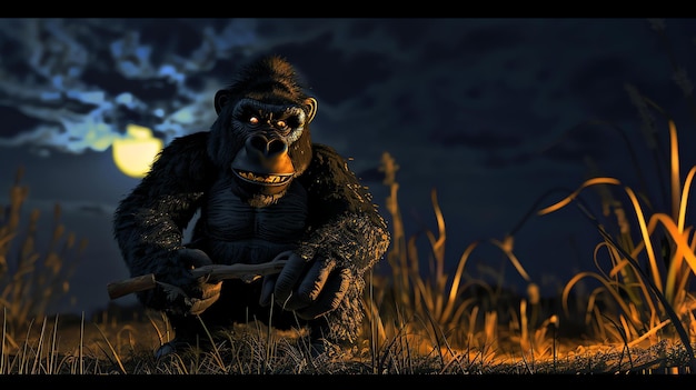 Um gorila musculoso está sentado em um campo de grama alta segurando um grande bastão o gorila está olhando para a esquerda com uma expressão feroz em seu rosto