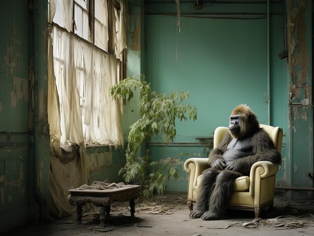 Um gorila senta-se numa sala vazia com uma janela atrás dela