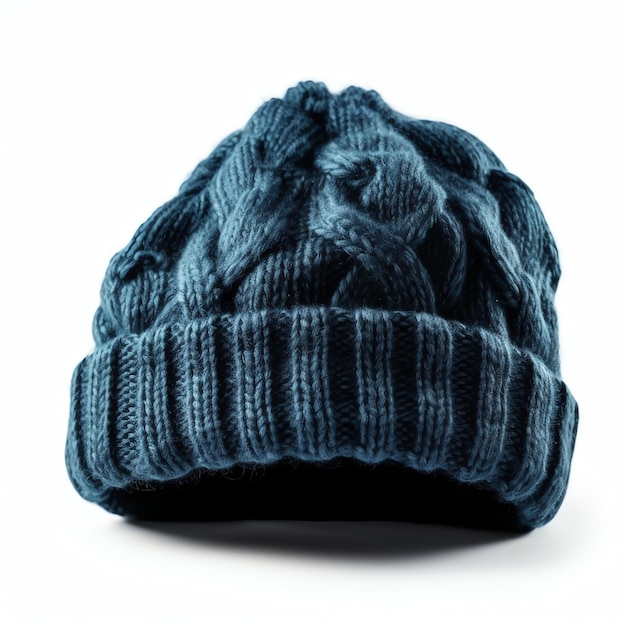 Um gorro de malha azul com um padrão listrado é exibido contra um fundo branco.