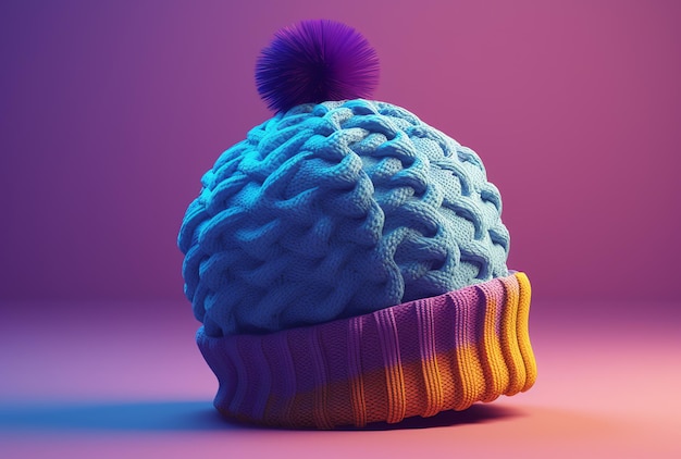 Um gorro de malha com um pompom roxo e amarelo em cima.