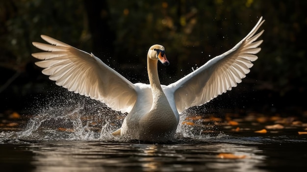 Um gracioso cisne deslizando pela água com suas asas abertas geradas por IA