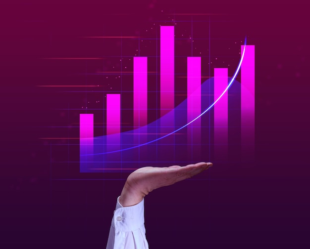 Um gráfico com indicadores crescentes e a mão de um homem em um fundo rosa Conceito de crescimento de lucro alta lucratividade