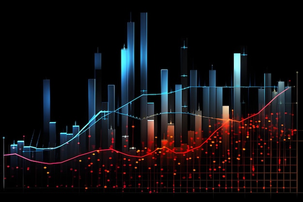 Um gráfico de barras dinâmico iluminado por luzes vermelhas e azuis vibrantes em um fundo preto elegante
