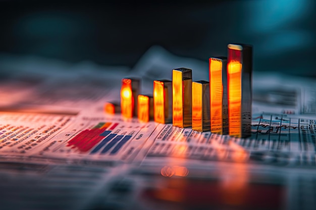 Um gráfico de barras emergindo de um jornal simbolizando as tendências do mercado