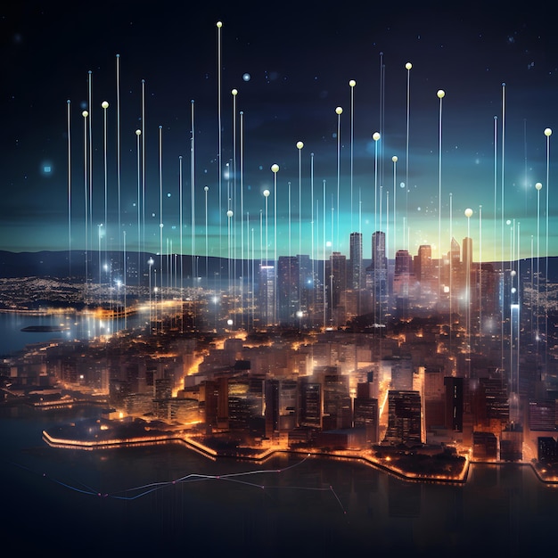 um gráfico de big data no cenário da cidade que consiste em conceitos de tecnologia e negócios
