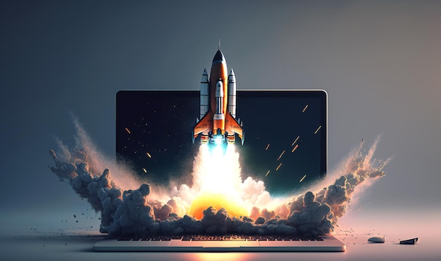 Um gráfico de computador de um foguete espacial decolando visto de uma tela de laptop