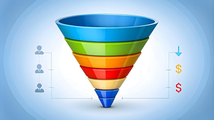 Foto um gráfico de funil 3d colorido com seções em azul, verde, amarelo, laranja e vermelho que retrata um processo de funil de vendas ou marketing com símbolos de dólar indicando resultados financeiros