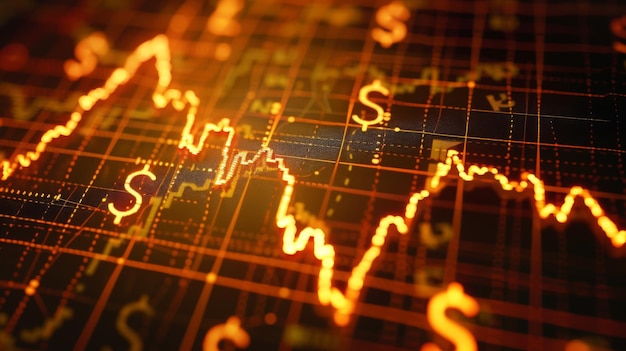 Foto um gráfico de linha dourada com sinais de dólar representando a rentabilidade dos investimentos em ouro