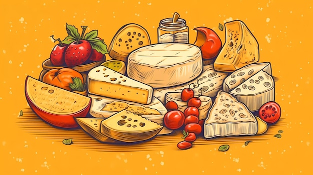 Um gráfico de queijos e outros alimentos, incluindo tomate, queijo e outros alimentos.