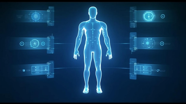 Foto um gráfico de um corpo humano com um fundo azul e vários ícones diferentes.