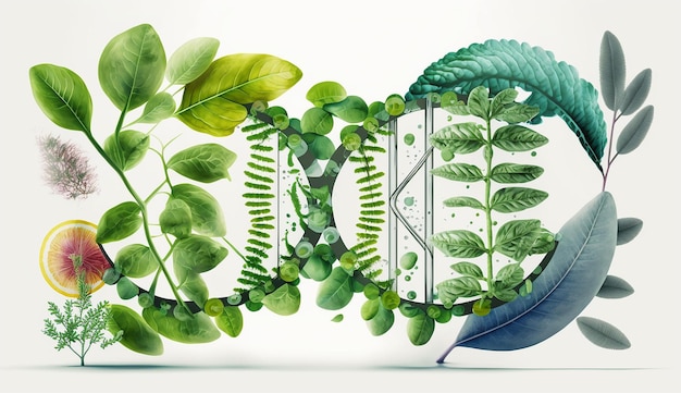 Um gráfico de uma fita de DNA com uma planta nela