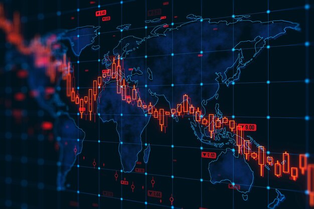 Foto um gráfico do mercado de ações sobreposto a um mapa digital representa uma crise financeira com uma tendência de baixa em um estilo gráfico digital em um fundo escuro renderização 3d