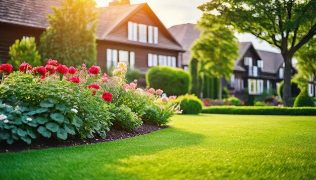 Foto um gramado manicured vibrante e um canteiro de flores banhados pelo sol em um cenário residencial