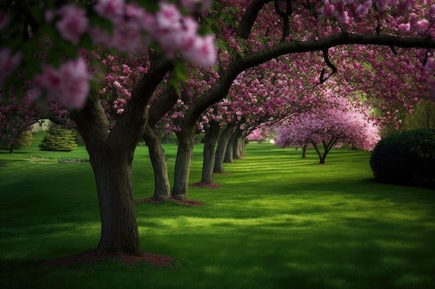 Um gramado verdejante circunda um jardim ornamental com enormes cerejeiras imponentemente floridas