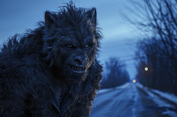 Foto um grande animal peludo de pé em uma estrada coberta de neve adequada para vários temas de inverno