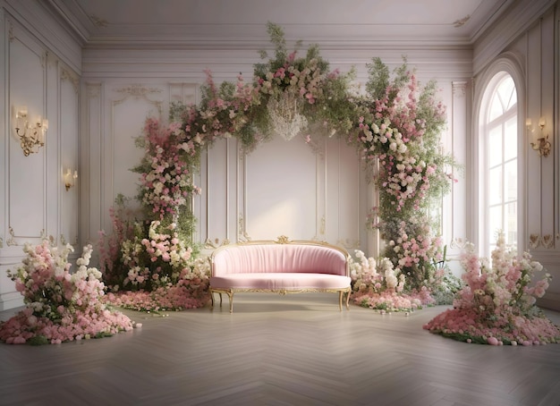 Um grande arco floral com flores rosa e brancas e um banco no meio.