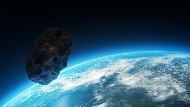 Um grande asteróide é visto acima da Terra com a Terra ao fundo.
