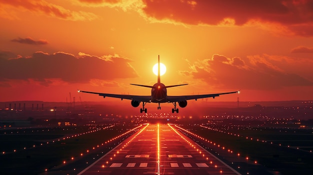 Foto um grande avião a jato sobrevoando a pista ao pôr-do-sol