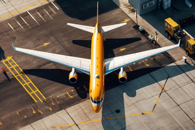 Foto um grande avião amarelo e laranja está na vista aérea da pista de uma pista do aeroporto