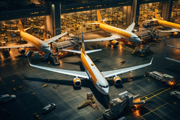 Foto um grande avião branco e amarelo está estacionado no terminal