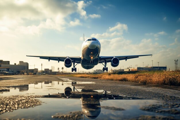 Um grande avião de passageiros aterra no aeroporto de uma grande cidade Reflexão de um avião na pista