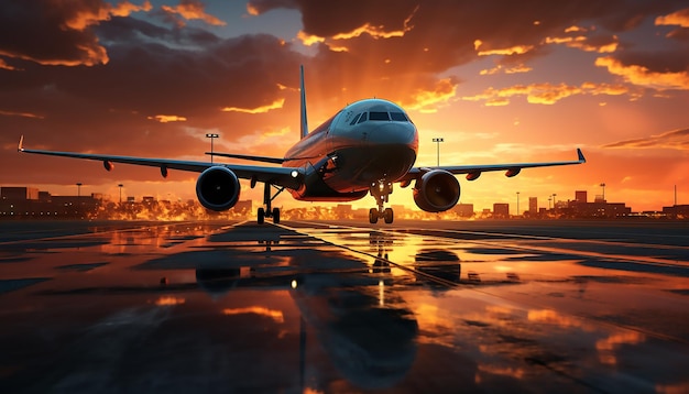 Um grande avião voando sobre uma pista para o nascer do sol com o sol brilhando Conceito de viagem Renderização 3D