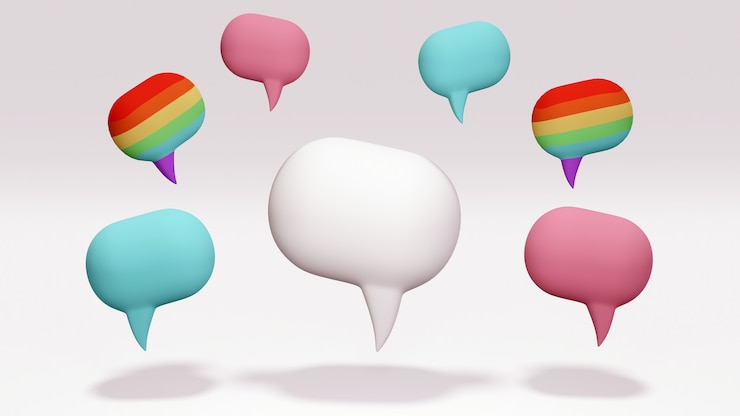 Foto um grande balão de fala branco com pequenos balões de fala na cor do arco-íris como lgbt azul e rosa