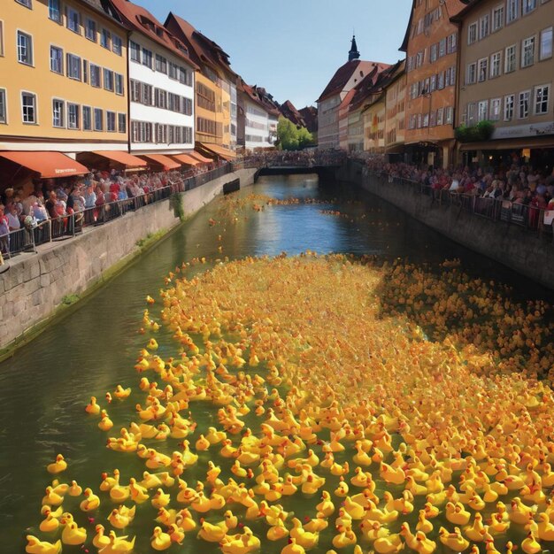 Um grande bando de patos amarelos nadando pacificamente ao longo de um rio