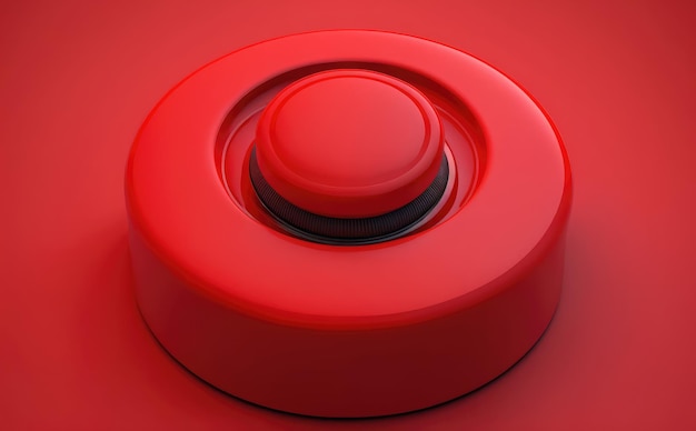 Foto um grande botão vermelho de aviso de alarme de botão de plástico ou metal em fundo vermelho gerado