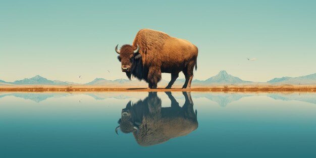 um grande búfalo de pé no topo de um corpo de água