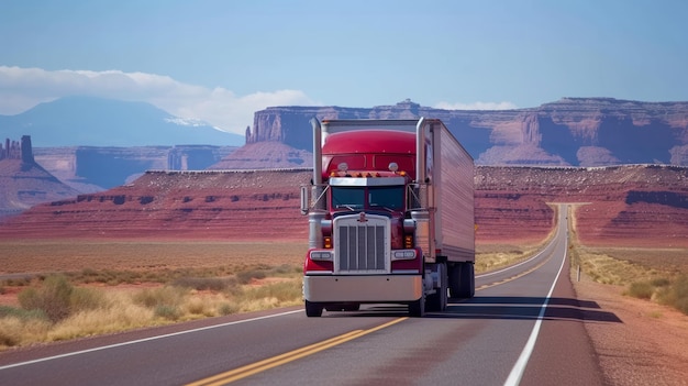 Foto um grande camião vermelho solitário conduz ao longo da estrada através do interminável deserto americano