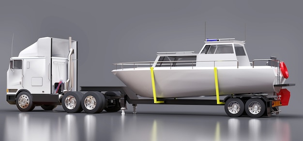 Um grande caminhão branco com reboque para transportar um barco em um fundo cinza. Renderização 3D.