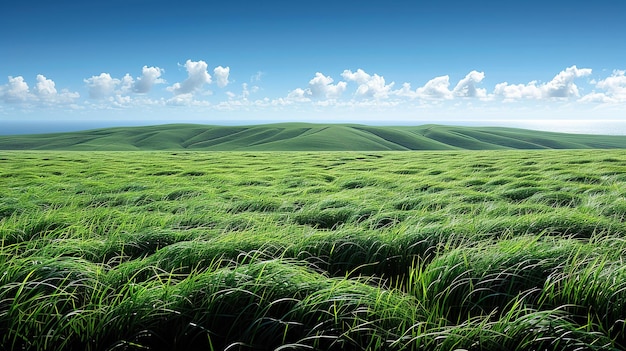 Um grande campo de grama com um céu azul ao fundo