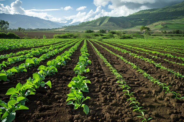 Um grande campo de plantas verdes com montanhas ao fundo