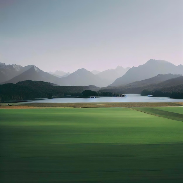 Um grande campo verde com um lago e montanhas ao fundo