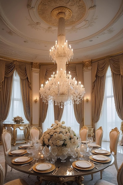 Um grande candelabro envolto em elegância ilumina uma mesa de jantar num salão de banquetes do palácio