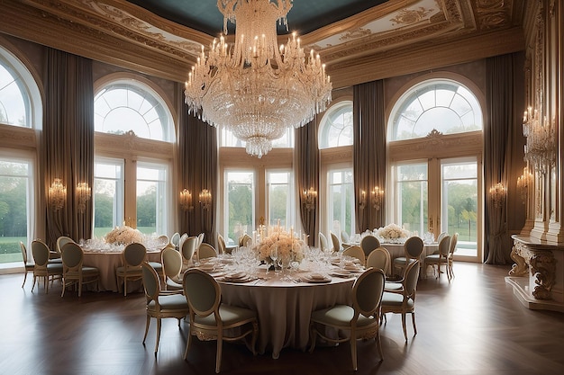 Um grande candelabro envolto em elegância ilumina uma mesa de jantar num salão de banquetes do palácio