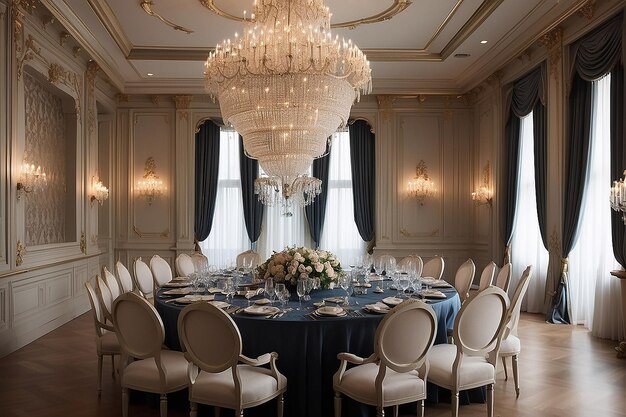 Foto um grande candelabro envolto em elegância ilumina uma mesa de jantar num salão de banquetes do palácio