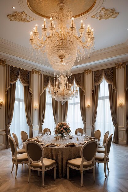 Foto um grande candelabro envolto em elegância ilumina uma mesa de jantar num salão de banquetes do palácio