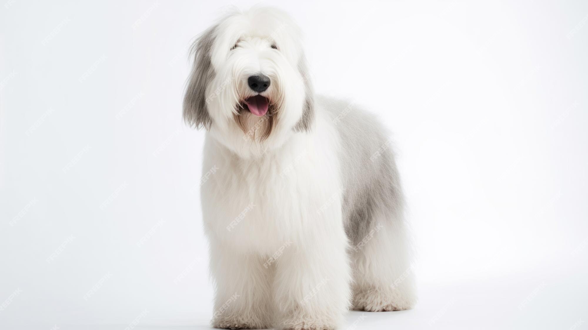 Um grande cão pastor inglês está parado na frente de um fundo branco.