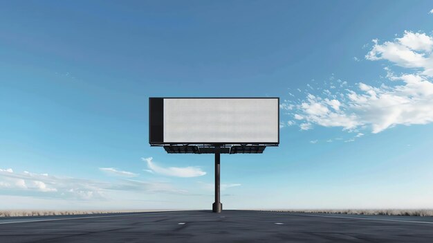 Um grande cartaz em branco está no meio de um vasto deserto o céu é claro e azul com algumas nuvens no horizonte