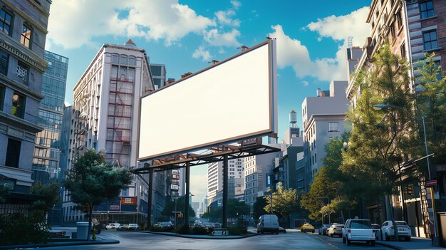 Foto um grande cartaz em branco no meio de uma rua movimentada da cidade