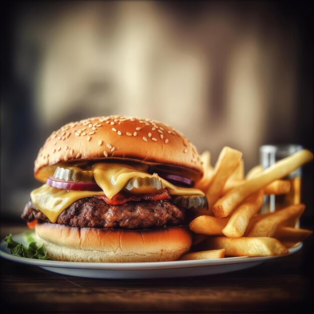 Um grande cheeseburger com batatas fritas numa mesa de madeira rústica.