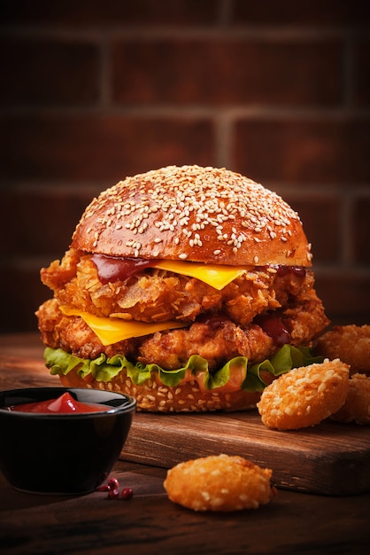 Um grande cheeseburger duplo com frango.