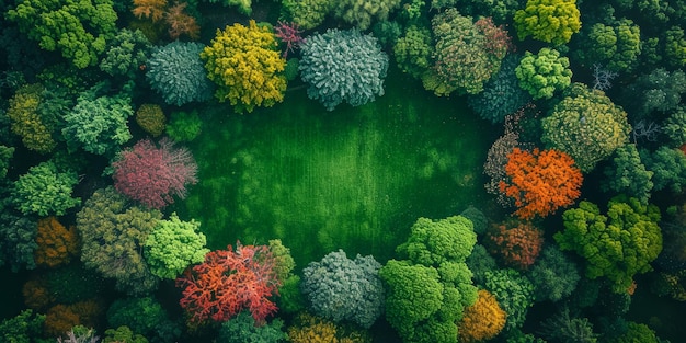 Um grande círculo verde de árvores com uma área de grama verde no centro